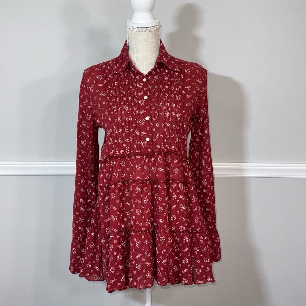 Ralph Lauren Denim & Supply Red Floral Pin-tuck Blouse Cotton Sz MD Boho Pesant